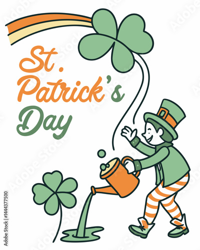 St. Patrick's Day Cartoon Character Watering Shamrocks with Rainbow Background.