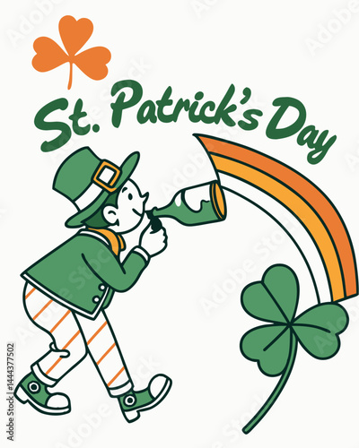 St. Patrick's Day Cartoon Character Watering Shamrocks with Rainbow Background.