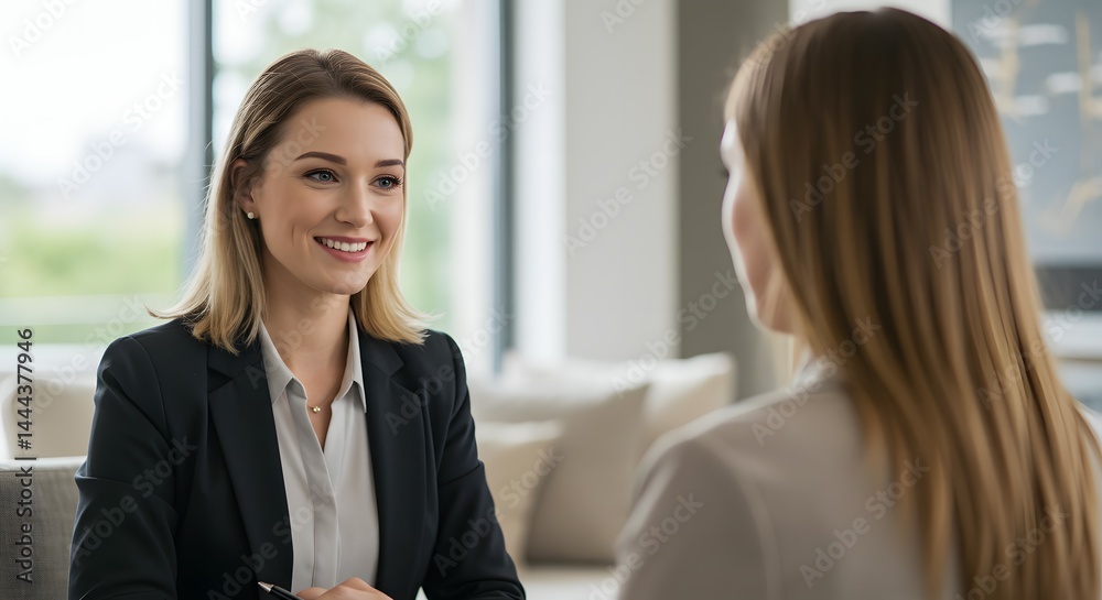 Professional women engaging in a productive business meeting, showcasing effective communication and collaboration Professional women engaging in a productive business meeting, showcasing effective communication and collaboration