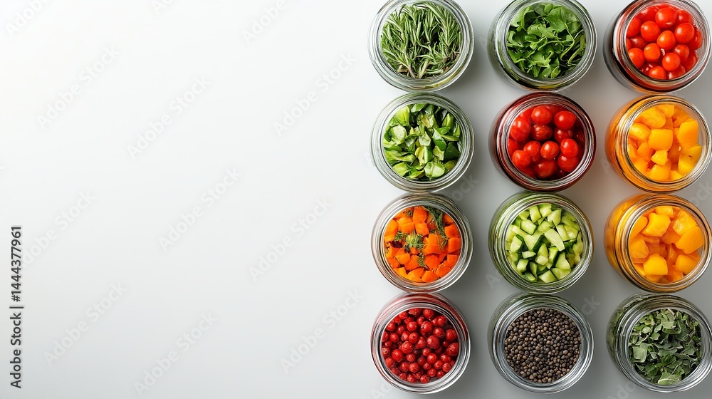 Fototapeta premium Colorful jars of fresh chopped vegetables and herbs ready for cooking red top food diet view life