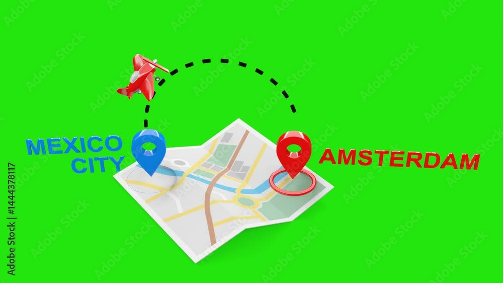 Mexico City to Amsterdam 3D Flight Animation with Airplane, Map, and