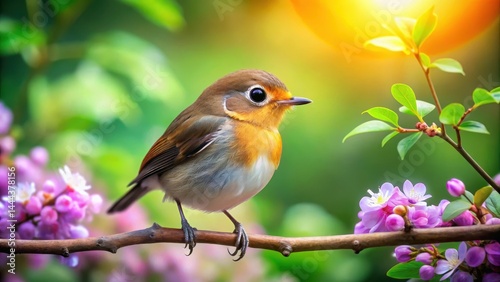A small bird with soft feathers and big round eyes perches on a thin branch of a tall tree in a forest surrounded by green leaves and vibrant flowers , wildlife, forest life