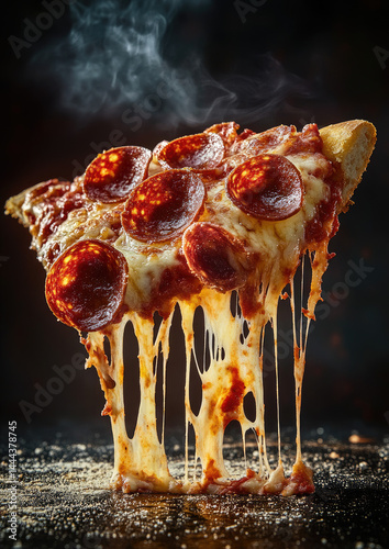 A macro shot of a pepperoni pizza slice loaded with cheese and crisp pepperoni bursting with flavor  