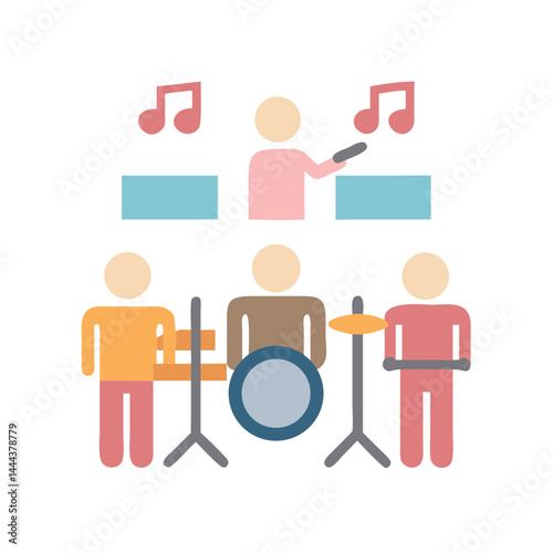 Cartoon music band with conductor, drummer, and percussion
