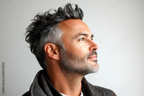Pure white solid background. Conceptual art concept art of style for aging men. Modish men's quiff haircut - midlife white man with hair. An expressive and modern man in a studio setting. photo