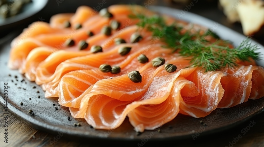 Sliced salmon arranged on a dark plate with capers and dill. Sliced salmon arranged on a dark plate with capers and dill.