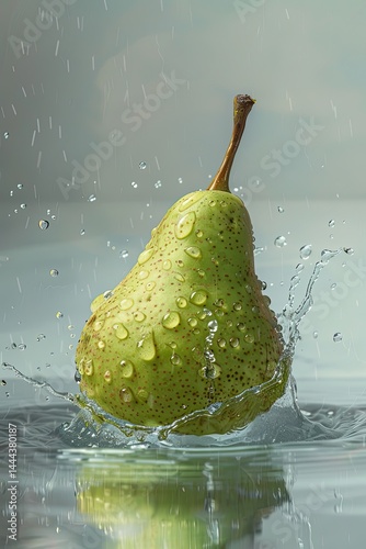 Ultra HD macro shot of a green cherimoya falling into crystal clear water, slow motion splash effect, droplets suspended in mid-air