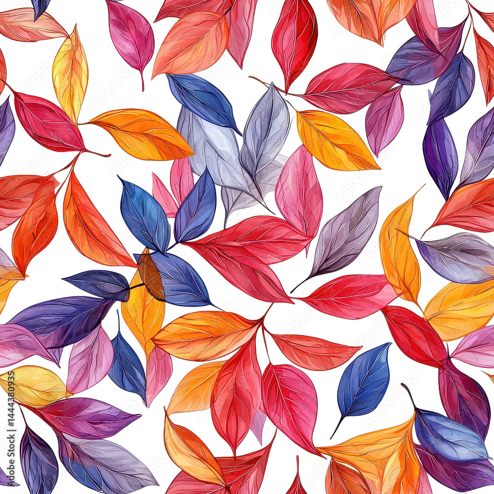 Colorful dry autumn leaves seamless pattern, vibrant and dynamic design, isolated on white background. cutout png