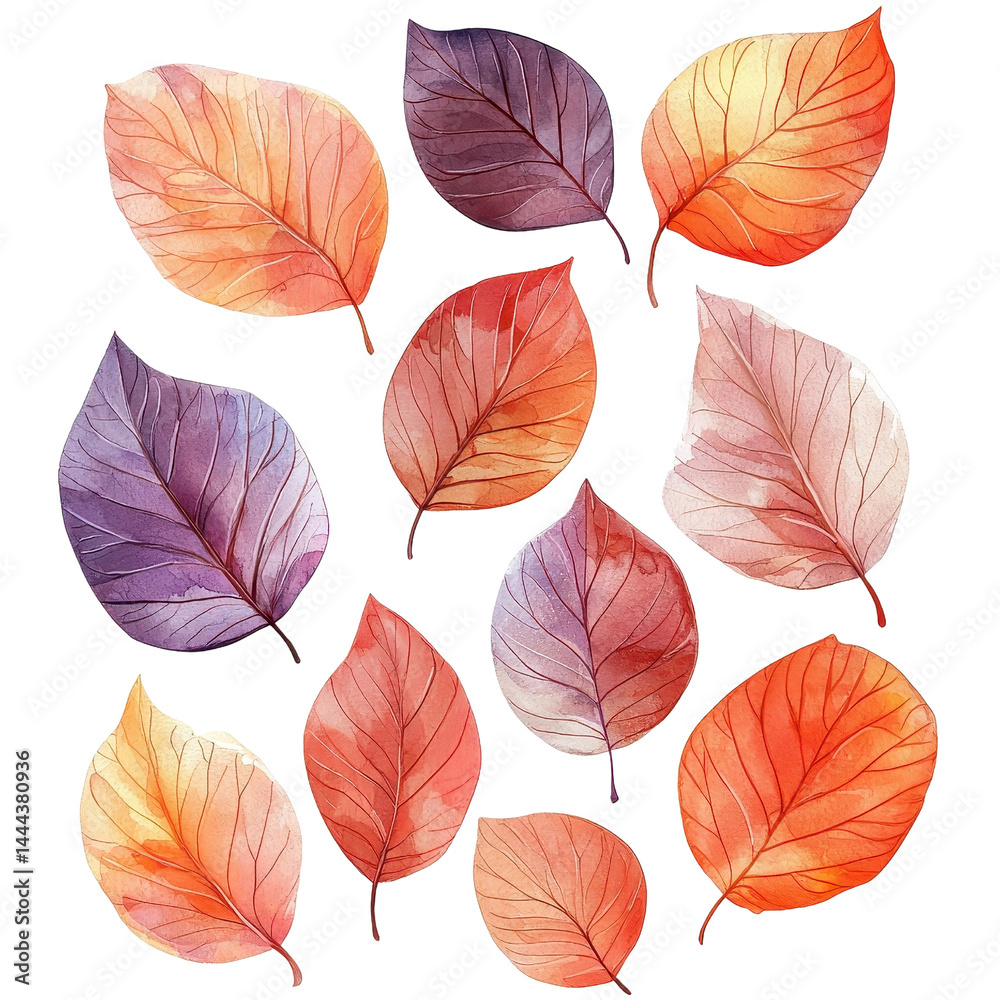 Watercolor style representation of dry autumn leaves, soft colors and artistic flair, isolated on white background. cutout png