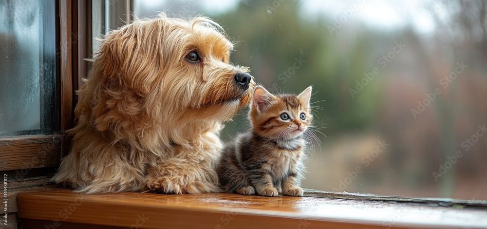 Adorable Dog and Kitten Gazing Out Window