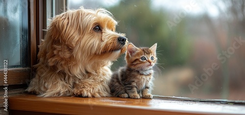 Obraz na płótnie Adorable Dog and Kitten Gazing Out Window w salonie