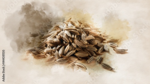 Watercolor illustration showcases organic seeds arranged artistically on a soft, neutral background