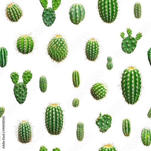 Flat style, seamless pattern of cacti, minimalist design, isolated on a white background. cutout png