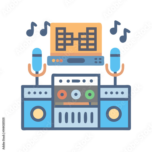 Colorful Icon of Karaoke Machine with Microphones and Notes