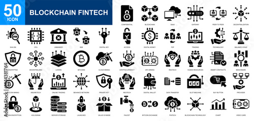 Blockchain Fintech icon set collection. Bitcoin, financial management, digital economy, digital currency, digital security icon. Simple glyph vector.