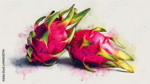 Brightly colored dragon fruit showcases in detailed watercolor artwork focusing on organic food