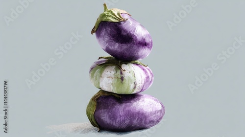 Watercolor depiction of stacked organic eggplants showcasing vibrant colors and textures highlighting natural beauty