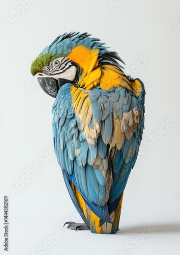 A realistic photograph of an isolated blue and yellow macaw spreading its wings in stunning clarity  