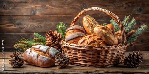 Freshly baked bread arranged artfully in a rustic wicker basket, surrounded by natural elements like pinecones and twigs , baking photo