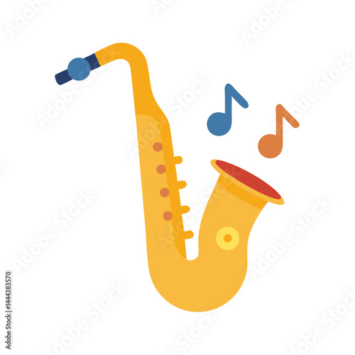 Cartoon saxophone with music notes illustration on black