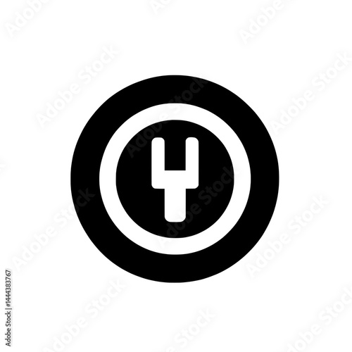 Bold black and white electric plug symbol enclosed in a circle representing charging or power connection.