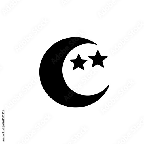 Solid black crescent moon and two-star icon symbolizing nighttime, dreams, or celestial events.