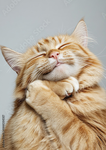 A realistic photograph of an isolated orange tabby cat sitting curiously with bright fur and whiskers  