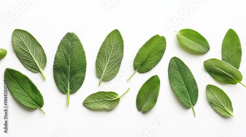 Fresh green sage leaves on white background botanical herbal photography food plant spice design