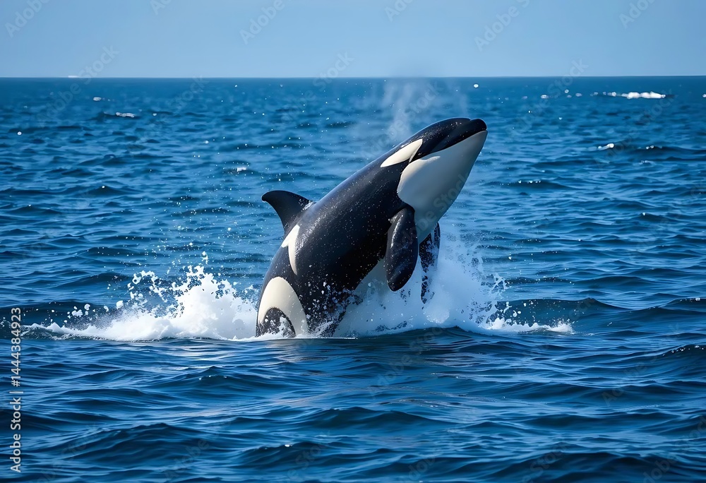 Obraz premium Orca Whale Jumping Out of the Blue Ocean Waters
