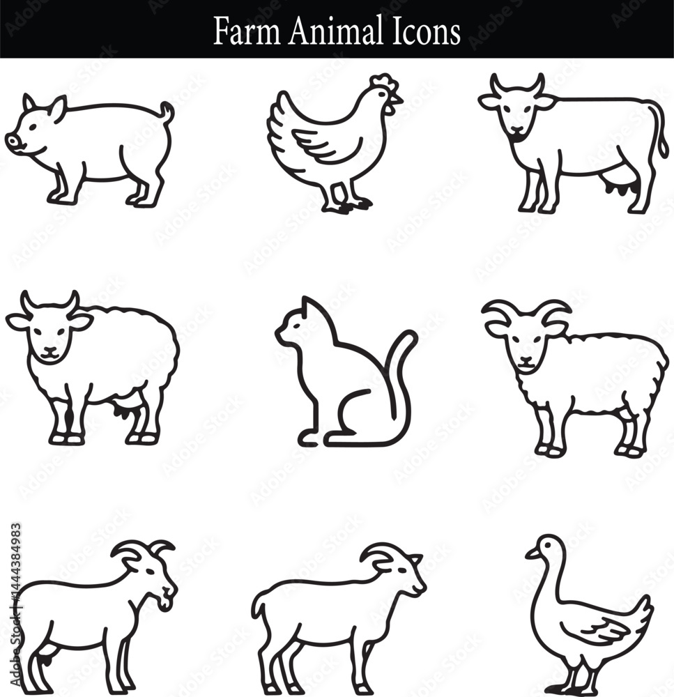 Farm Animal Icons in Line Art Style Farm Animal Icons in Line Art Style