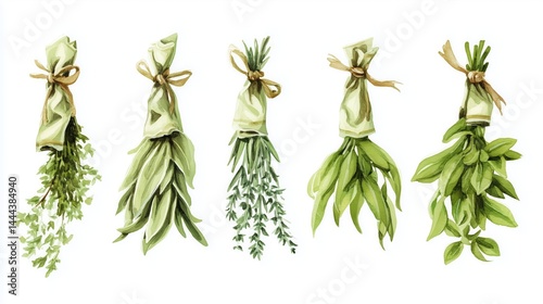 Watercolor depiction of organic herbs beautifully bundled and arranged for display or use in culinary creations