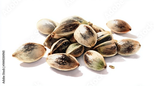 Watercolor representation of a pile of organic seeds showcasing natural textures and colors