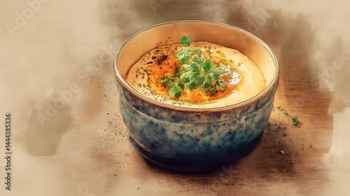 Vibrant watercolor depicting a bowl of organic food with fresh herbs and spices