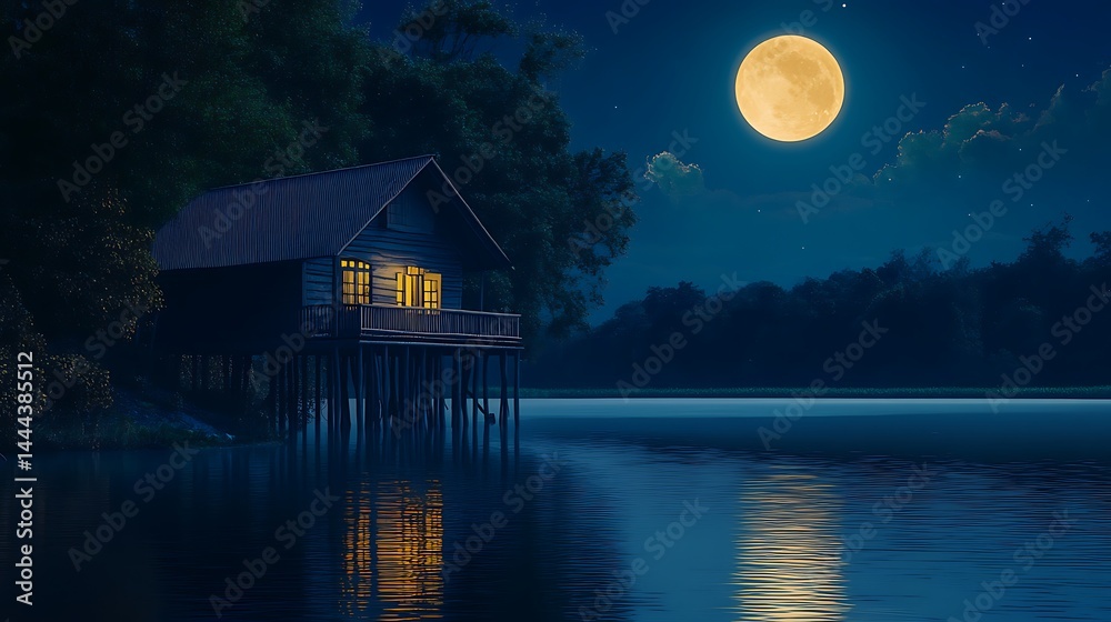 Fototapeta premium Cabin on Stilts Reflecting in Calm Lake Under Moonlight, Night Scenery, Blue