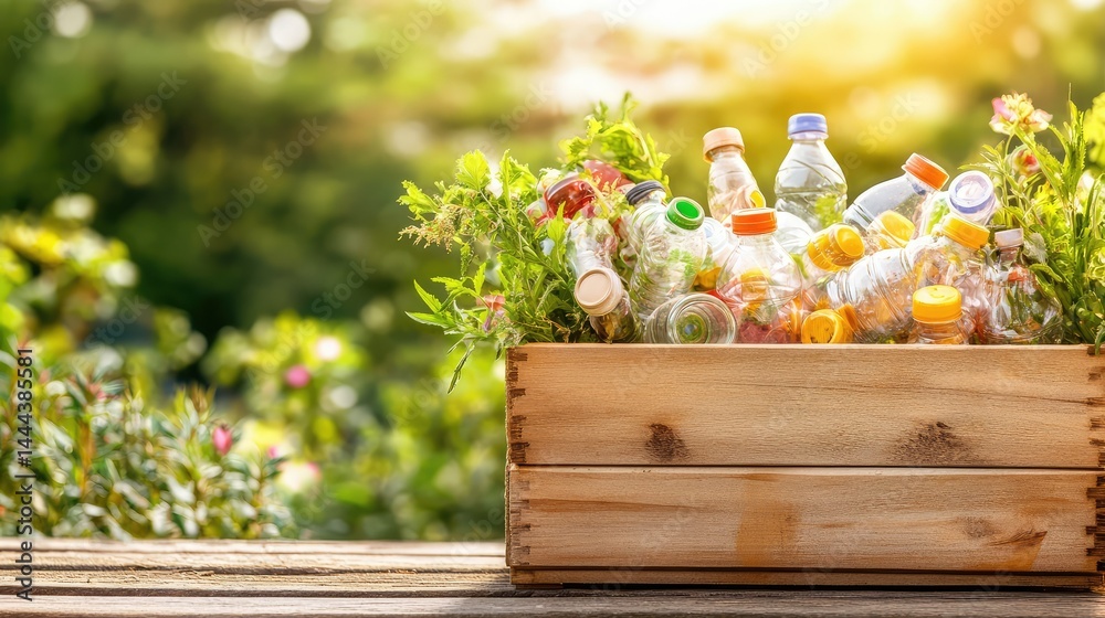 Neatly sorted plastic bottles in a wooden container outdoors, with greenery in the background Neatly sorted plastic bottles in a wooden container outdoors, with greenery in the background