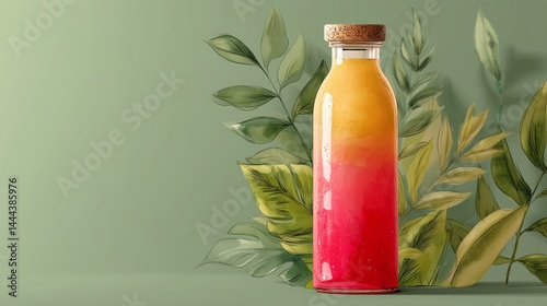 Vibrant watercolor representation of organic food featuring a colorful beverage and lush green foliage