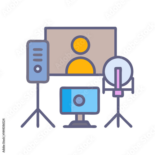 Professional online meeting setup with lights, computer and backdrop