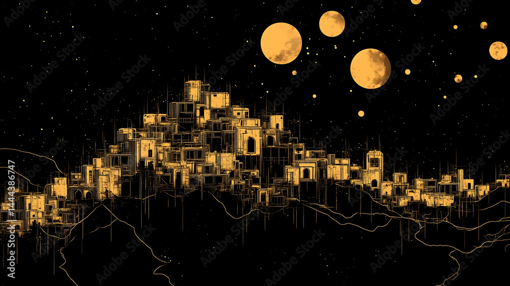 Fototapeta premium Stylized golden city outline under a starry night sky with multiple yellow orbs floating above
