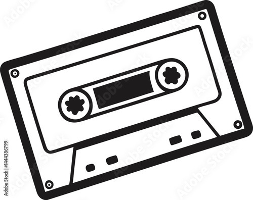 Vintage cassette tape in black and white single line art style perfect for retro music artwork audio themed posters or nostalgic graphic design elements