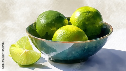 Freshly picked limes in a decorative bowl create a vibrant watercolor portrayal of organic food