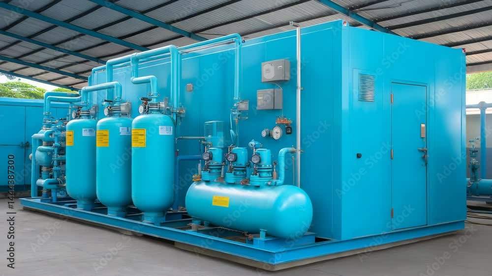 Industrial compressed air system with tanks, gauges, and pipes, painted in bright blue, enclosed in an outdoor metal structure with a door.