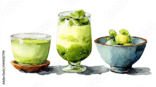 Watercolor depiction of organic food showcasing green smoothies and fresh fruits in vibrant colors