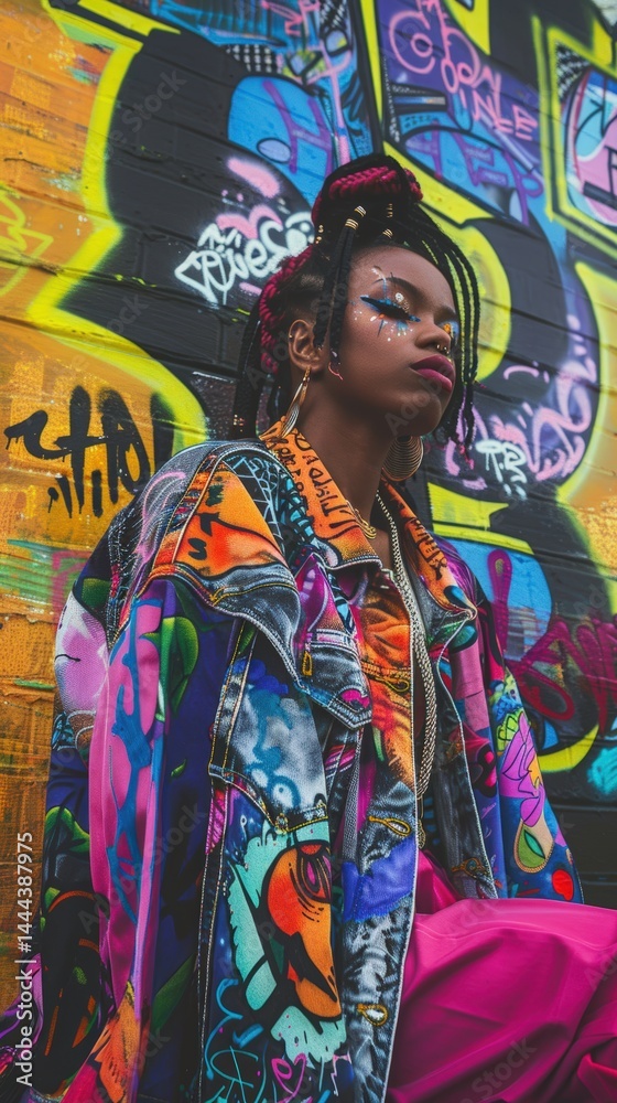 Fototapeta premium Woman with Creative Makeup and Fashionable Graffiti-Decorated Denim Jacket