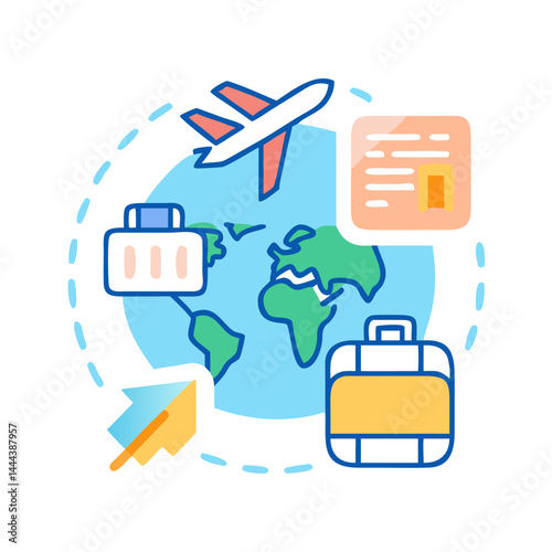 Global travel icon with plane, globe and luggage