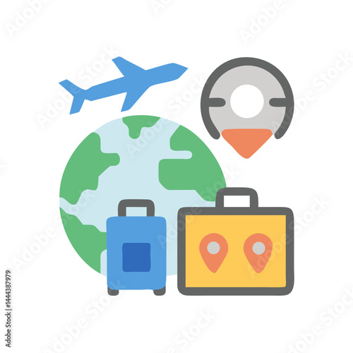 Colorful flat design illustration of airplane, world, luggage