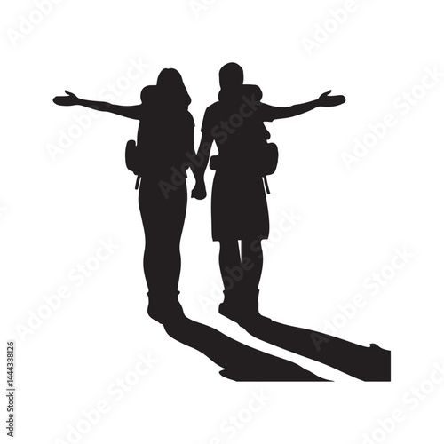 Couple Outdoors Vector Silhouette, Group of Hiking man Silhouettes. hiker with backpack and rucksacks silhouette.