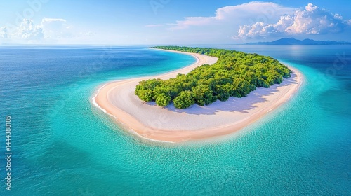 Aerial view of a small island surrounded by vast ocean waters with sandy beach and clear blue skies above