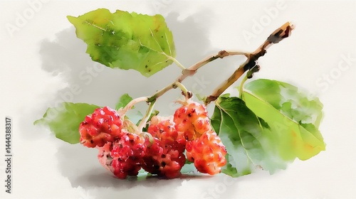 Watercolor depiction of organic berries and vibrant green leaves showcasing nature's bounty and freshness
