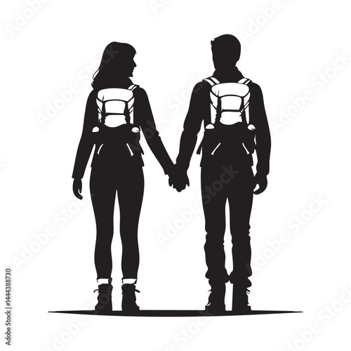 Couple Outdoors Vector Silhouette, Group of Hiking man Silhouettes. hiker with backpack and rucksacks silhouette.