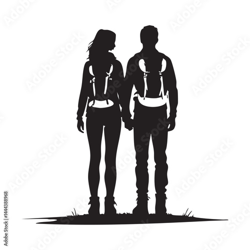 Couple Outdoors Vector Silhouette, Group of Hiking man Silhouettes. hiker with backpack and rucksacks silhouette.
